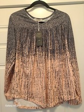 Fantaslook Women's Gray Black Paisley Pleated Tunic Blouse Top Size L NWT picture