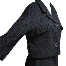 VTG 1960s Jackie O Boucle Wool Skirt Suit Set Black Hand Tailored Boxy 6 8 picture