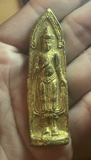Vintage Thai Standing Buddha Amulet Gold Tone Buddhist Sacred Talisman Thailand picture