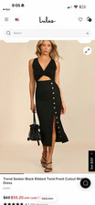 Lulus Black Ribbed Twist-Front Cutout V-Neck Sleeveless Midi Sheath Dress size L picture