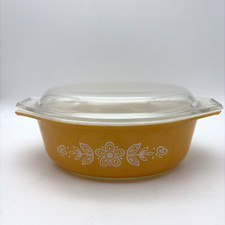 VTG MCM Pyrex Casserole Dish 1.5qt Butterfly Gold 043 Oval Baking Dish w/ Lid picture