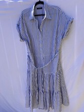 Lauren Ralph Lauren Blue White Stripe Cotton Tiered Maxi Shirt Dress Belted picture