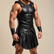Men's Black Leather Gladiator Vest & Kilt Set Medieval Viking Warrior Costume picture