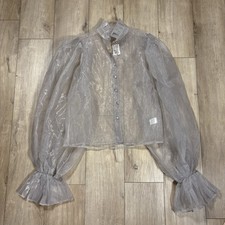 NWT Akira Sheer Gray Button Shirt High Collar Bell Sleeve Womens Sz Small S picture