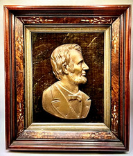 ANTIQUE ABRAHAM LINCOLN BUST HIGH RELIEF COPPER FELT BACK EASTLAKE FRAME C1907 picture