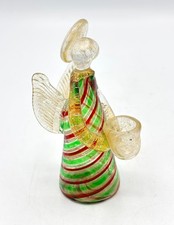 Vintage Murano glass Angel Candle Holder 5” Gold Adventurine / Red Green Stripes picture