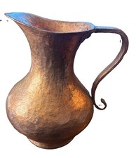Antique Hand Hammered Copper Pitcher Jug Heavy Gauge Riveted Handle 9.5 Inches picture
