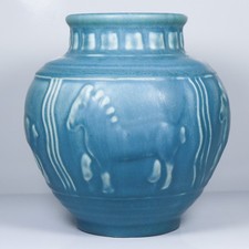 1941 Rookwood Art Deco Pottery Blue Matte Prancing Horses 6498 picture