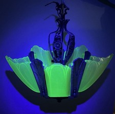 re 1930s 5-Light Slip Shade Chandelier - All Original, MINT Uranium Glass picture