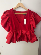 Anthropologie Red Solid Woven V-Neck Ruffle Short Sleeve Peplum Blouse S picture