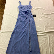 Lulus Blue Satin Square Neck Strappy Maxi Dress, Size S, Lined Slit Zip picture