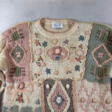 Margules Vintage Hand Knitted Floral Embroidery Sweater Pink Green 18/20 picture