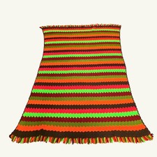 Vintage Crochet Afghan Blanket Throw Stripes handmade Boho Style Fringe Cozy picture