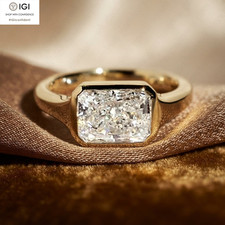 IGI 3.00Ct Radiant E VS1 Lab Grown Diamond Bezel Engagement Ring 14K Yellow Gold picture
