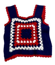 Vintage Handmade Crocheted Granny Square Vest Red White And Blue, Retro 60s-70s picture