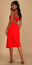 Lulus Bold New Look Bright Red Tie-Back Midi Dress With Pockets Size Small NWT picture