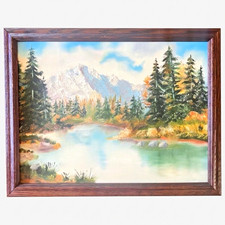 Original Framed Landscape Oil Painting Wall Art Snowcapped Mountain Lake 12x16 picture