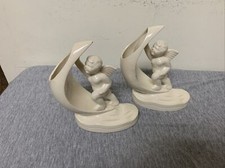 Vintage Pair MCM Ceramic Angel on Moon Planters Japan picture