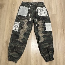 POL Clothing Women's Size M Distressed Camo Lace Patchwork Joggers Cargo Pants picture
