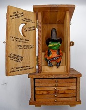 Vintage Enesco Wooden Outhouse Cowboy Frog Music Box Deep Heart Texas Bar Set picture