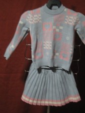 Vintage 80s Girls Pastel Knit Sweater Skirt Set Hearts Checkered Light Blue picture