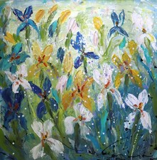 Original Iris Painting 36x36 Blue White Yellow Floral Garden Canvas Art picture