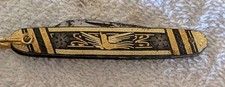 Vintage Toledo Spain Damascene Pocket Knife Gold  Toned Inlay Bird Folding picture
