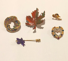Vintage Costume Jewelry Mixed Lot 5 Pin & Brooch Set Metal Enamel Gold Multi picture
