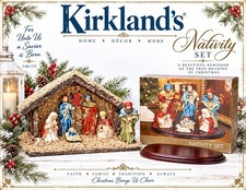Vtg Kirklands (7) Piece Porcelain  Nativity Set W/Wooden Stable & Wooden Base picture