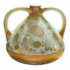 Antique Nippon Porcelain Double Handle Vase Gold Gilt Moriage Floral Meiji Era  picture