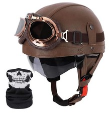 Retro German Style PU Leather Motorcycle Half Helmet & Goggles DOT Approved (L) picture