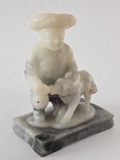 1900s Chinese Soapstone  Miao Man In Traditional Attire Feeding A Buffalo Calf picture