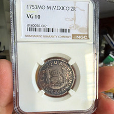 Pillars & Globe 1753 Mo M Mexico 2 Reales Silver KM#74 NGC VG10 picture