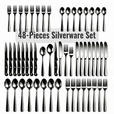 48-Piece Black Silverware Set for 8, with Steak Knives - Food Grade Stainless  picture