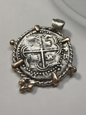 Authentic Spanish-Colonial Shipwreck Era 1-Real  Cob Coin in Gold/Silver Bezel picture