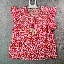 NWOT THML Top Women Large Heart Print Tassel Red Pink White Valentine picture