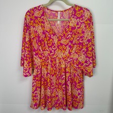 Dear Scarlett Pink Paisley Empire Waist Kimono Sleeve Tunic Top Womens Small NWT picture