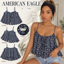 American Eagle Floral Cami Top Navy Blue Crochet Lace Tiered Ruffle Medium NWT picture