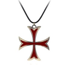 Vintage Knight Templar MALTESE CROSS IRON CROSS PEWTER PENDANT CORD NECKLACE RED picture