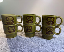 Vtg Groovy 1970s Avocado Green Stackable Mugs Flower Power Japan Retro Lot of 6 picture