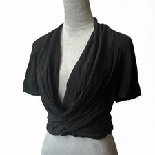 Express Black Deep V-Neck Surplice Drape Front Wrap Crop Top Short Sleeve picture