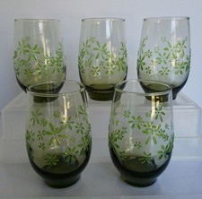 Set of 5 Vintage LIBBEY Mint Bouquet Green Glasses Textured Raised Flowers 14 oz picture