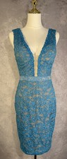 Jovani Dress Womens 4 Turquoise Blue Nude Lace Rhinestone Plunge Sheath Mini picture
