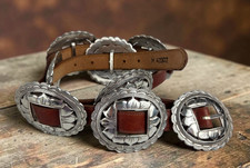 Vintage 1993 Brighton Sunflower Concho Belt 47307 Brown Leather Silver Size M picture