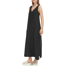 NWT DKNY Women's Linen Maxi Dress Size L Black picture