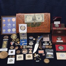 Estate Sale Grandpa's Junk Drawer Lot Silver Copper Gold & Coins Knife Medals picture