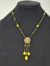 Vintage Art Deco Bright Yellow Czech Glass Lavalier Necklace with Accent Dangles picture