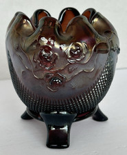 Northwood Amethyst Purple Iridescent Carnival Glass Roses Bowl 3-Footed Antique picture