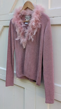 Vintage Joseph A. Pink Metallic Silk Feather Collar V Neck Sweater M picture