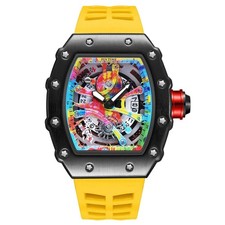 Graffiti Dial Tonneau Quartz Watch – Black, Red & Yellow picture